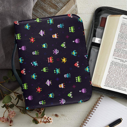 Pixel UFO Aliens Pattern Print Leather Bible Cover