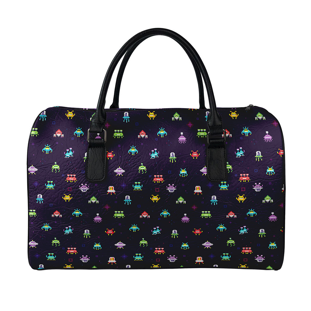Pixel UFO Aliens Pattern Print Leather Duffle Bag