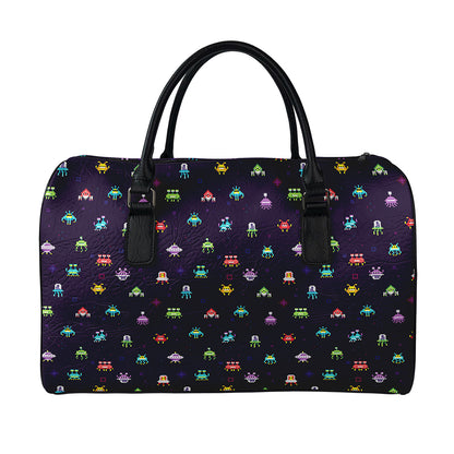 Pixel UFO Aliens Pattern Print Leather Duffle Bag