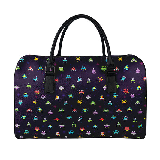 Pixel UFO Aliens Pattern Print Leather Duffle Bag