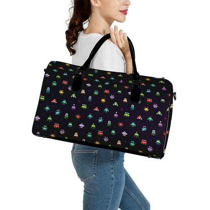 Pixel UFO Aliens Pattern Print Leather Duffle Bag