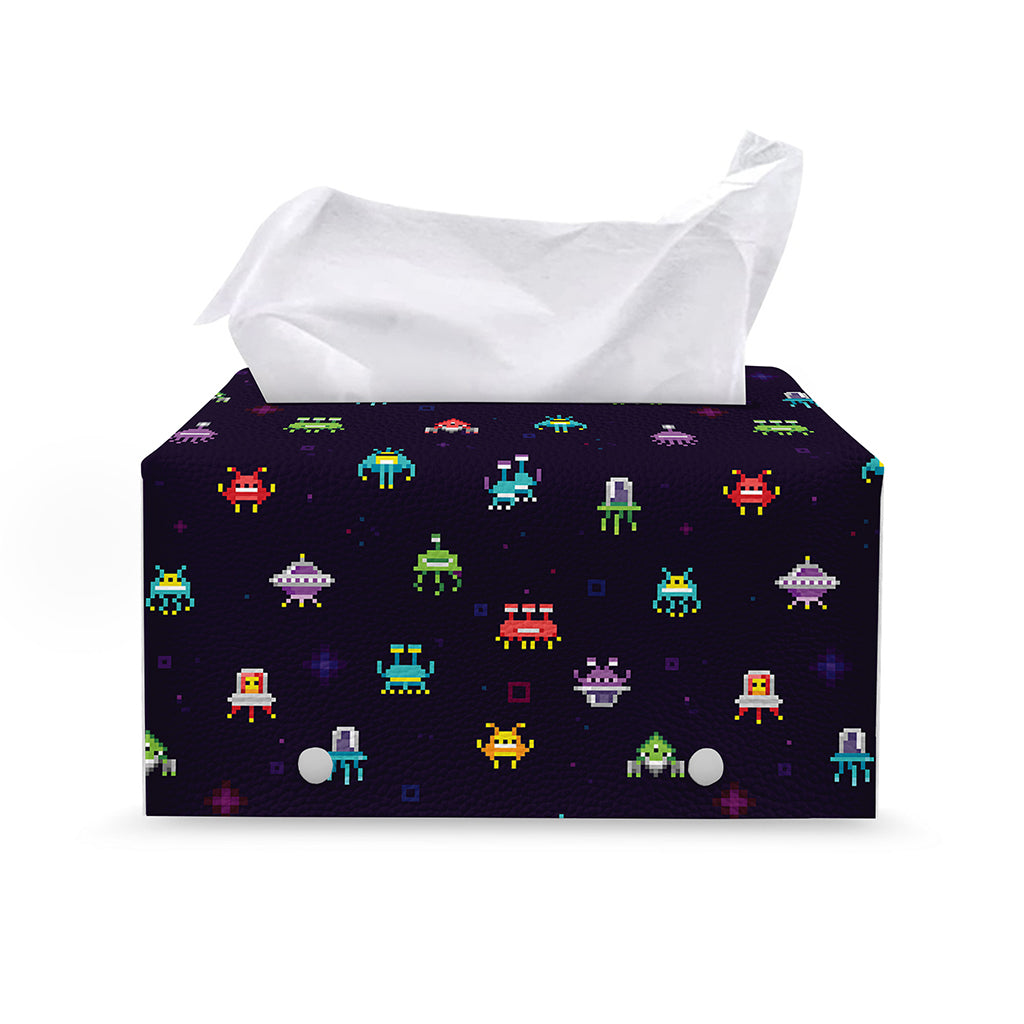 Pixel UFO Aliens Pattern Print Leather Tissue Box Cover