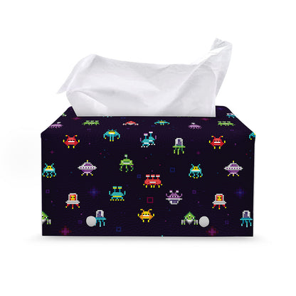 Pixel UFO Aliens Pattern Print Leather Tissue Box Cover