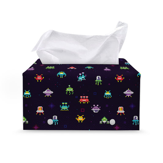 Pixel UFO Aliens Pattern Print Leather Tissue Box Cover