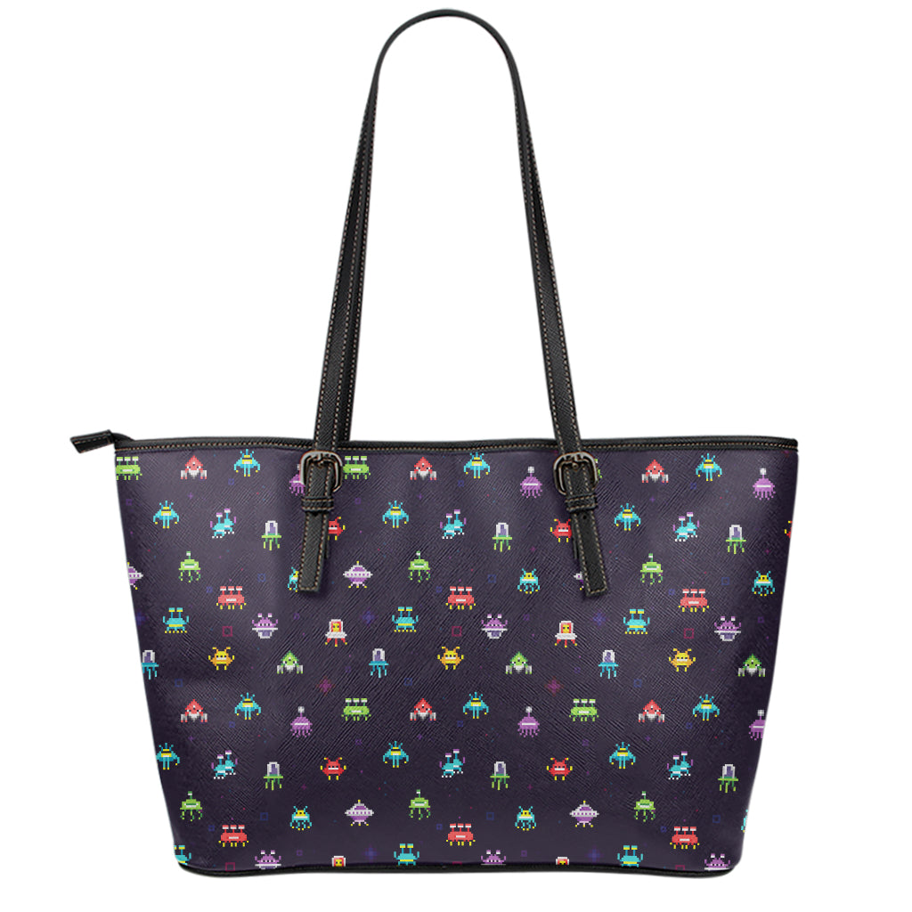 Pixel UFO Aliens Pattern Print Leather Tote Bag