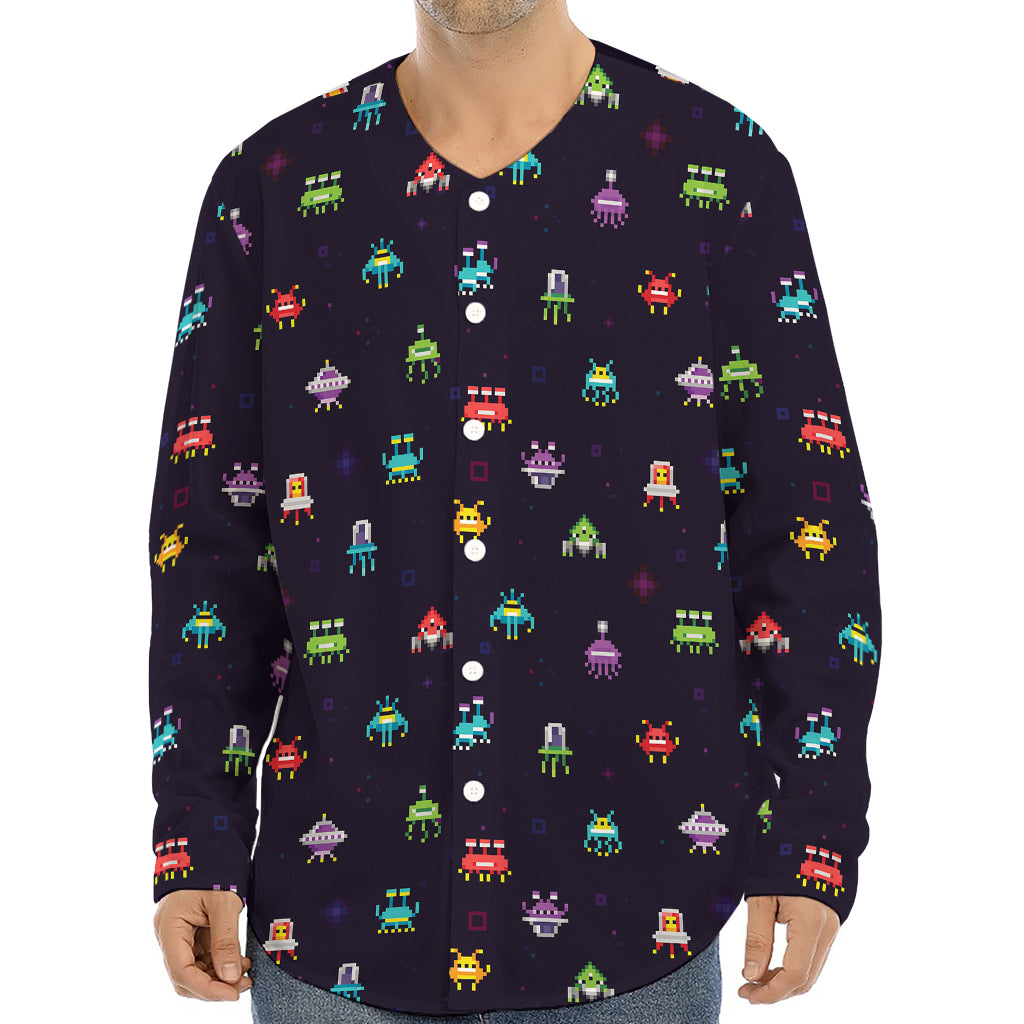 Pixel UFO Aliens Pattern Print Long Sleeve Baseball Jersey