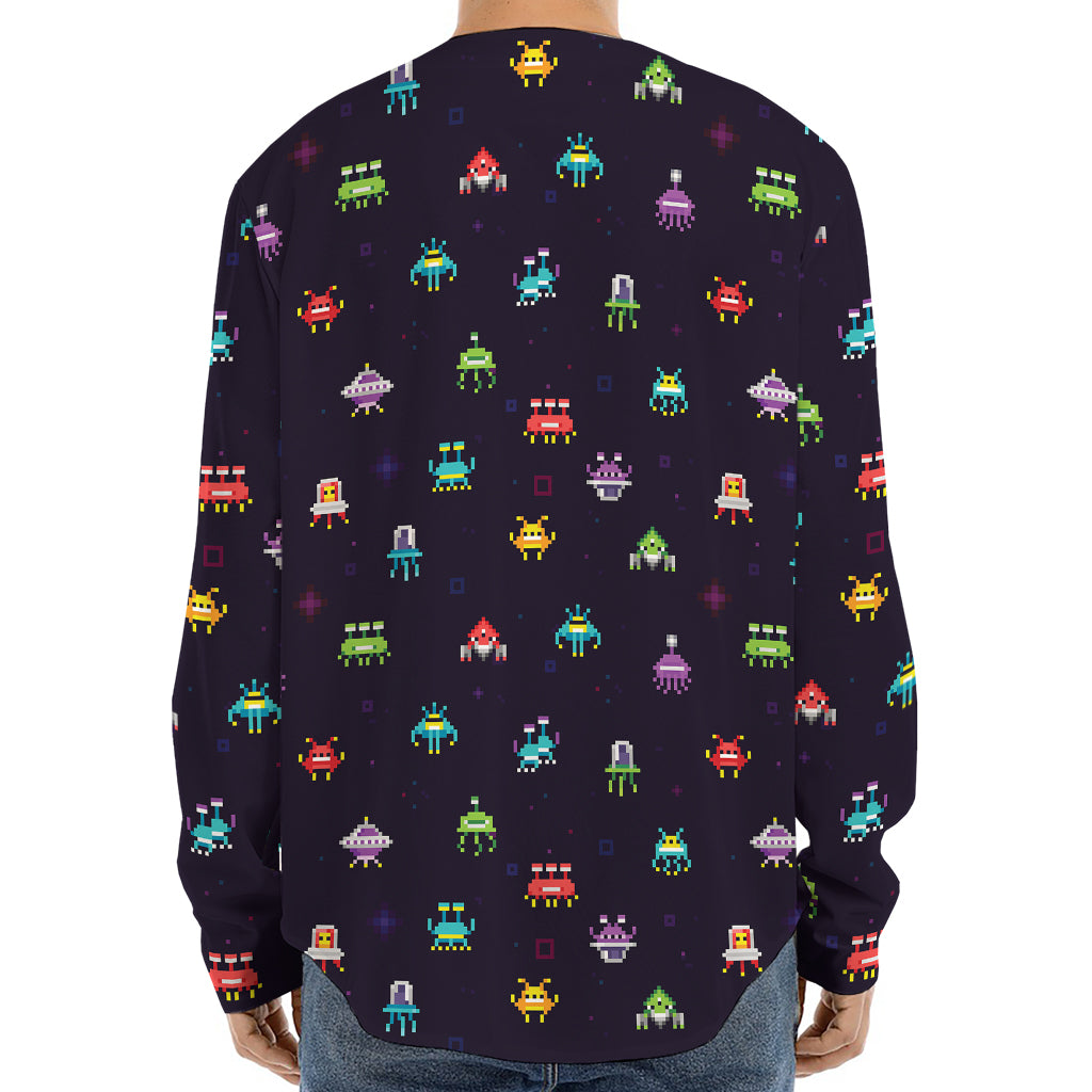 Pixel UFO Aliens Pattern Print Long Sleeve Baseball Jersey