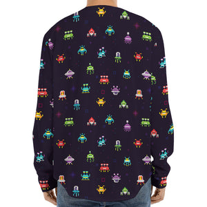 Pixel UFO Aliens Pattern Print Long Sleeve Baseball Jersey