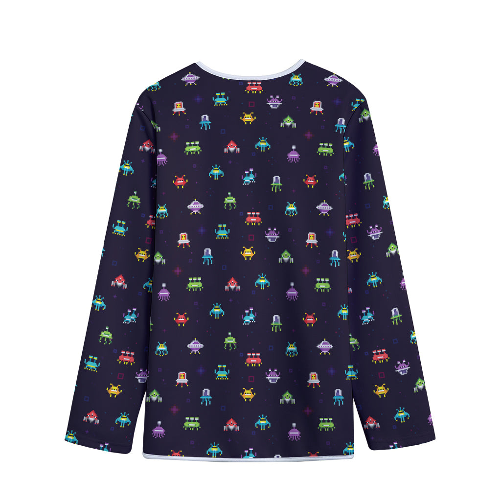 Pixel UFO Aliens Pattern Print Long Sleeve Short Coat