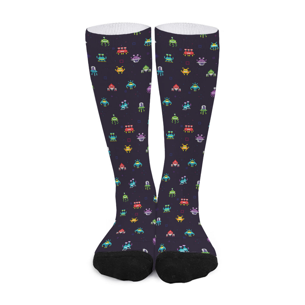 Pixel UFO Aliens Pattern Print Long Socks