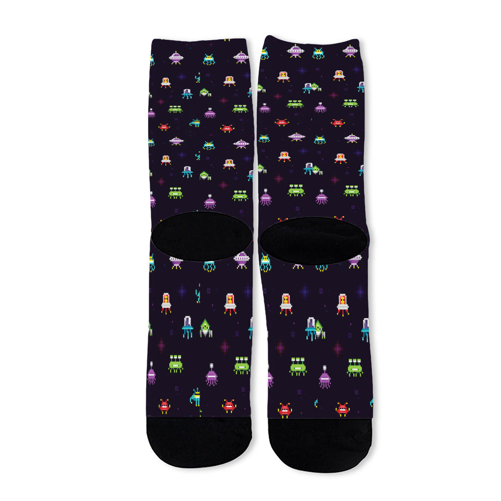 Pixel UFO Aliens Pattern Print Long Socks