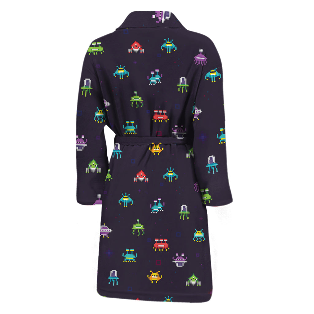 Pixel UFO Aliens Pattern Print Men's Bathrobe