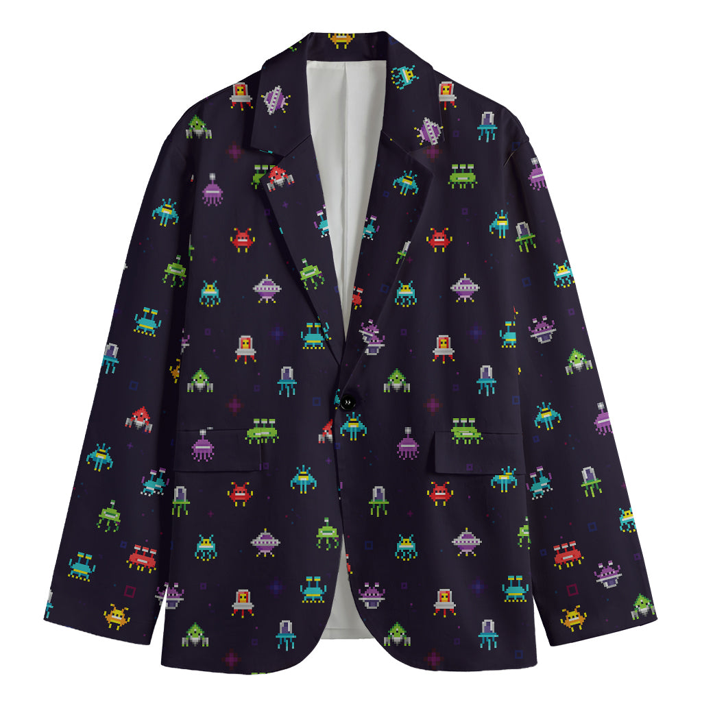 Pixel UFO Aliens Pattern Print Men's Blazer