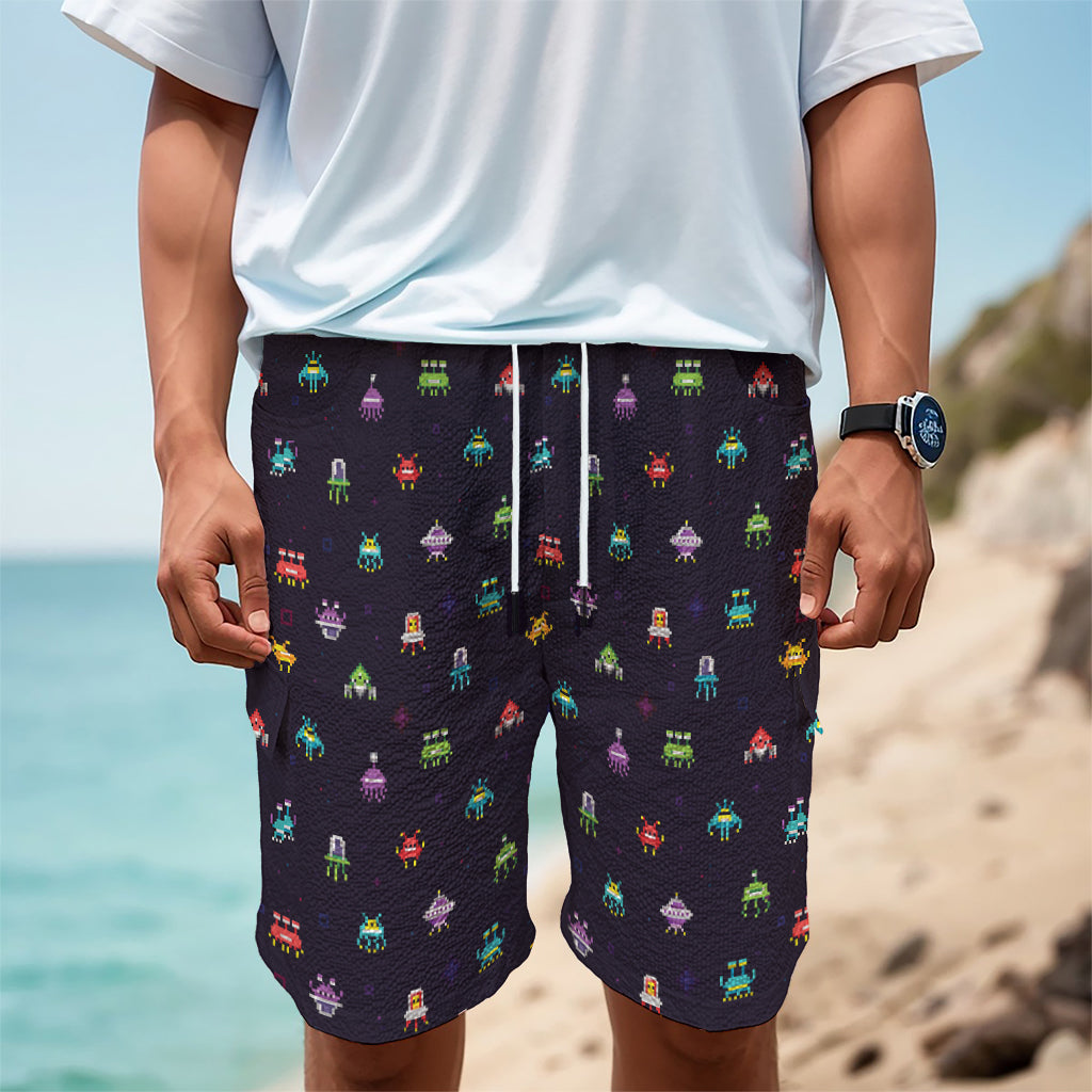 Pixel UFO Aliens Pattern Print Men's Cargo Shorts