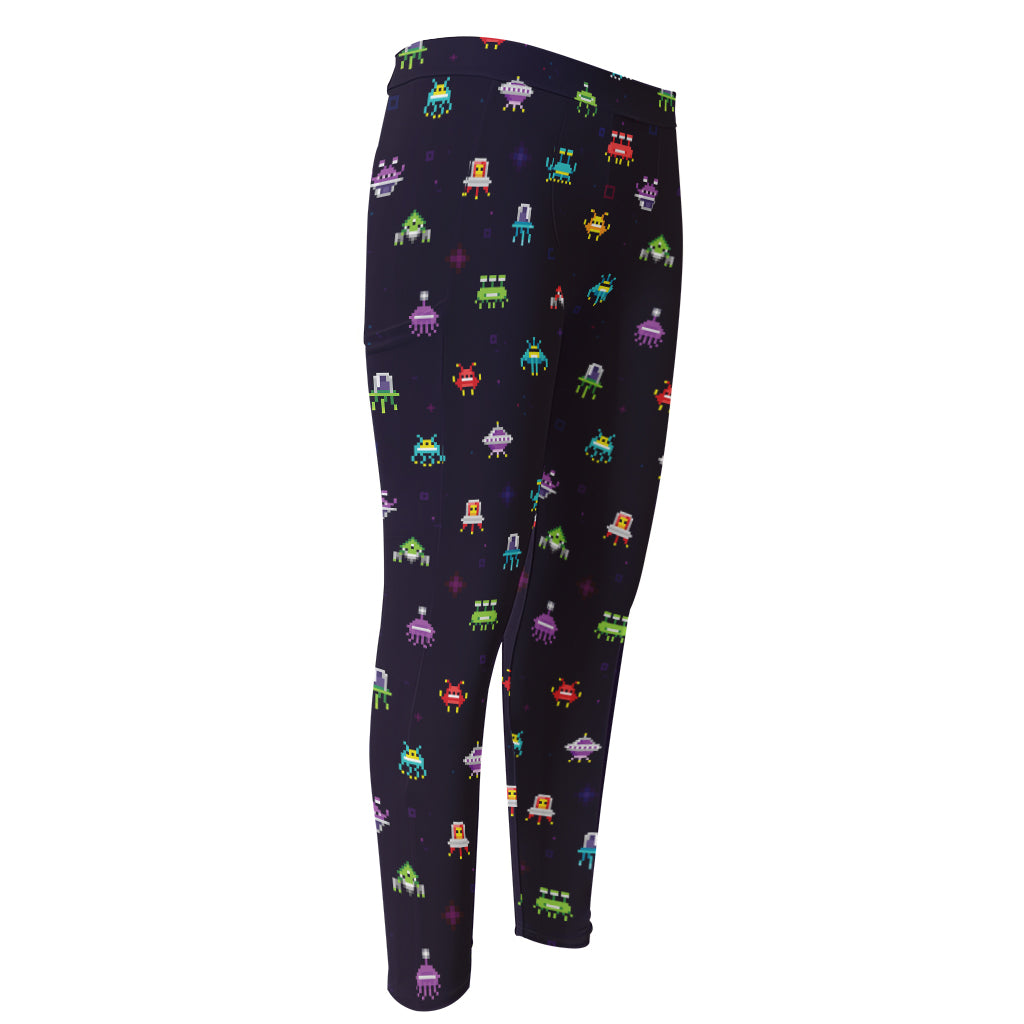 Pixel UFO Aliens Pattern Print Men's Compression Pants