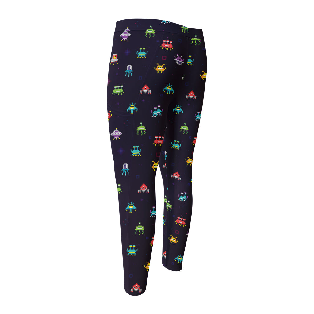 Pixel UFO Aliens Pattern Print Men's Compression Pants