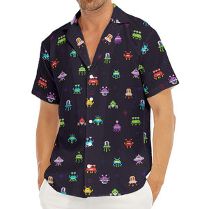 Pixel UFO Aliens Pattern Print Men's Deep V-Neck Shirt