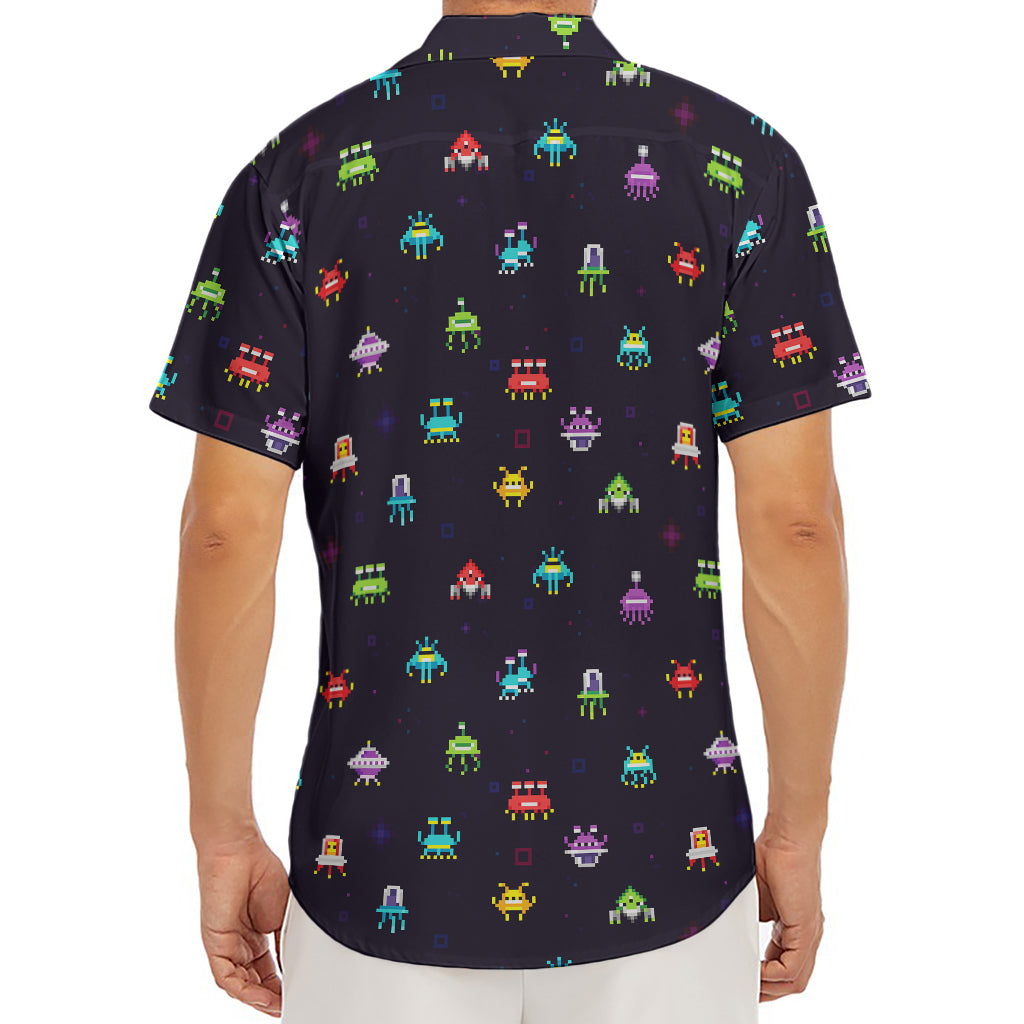 Pixel UFO Aliens Pattern Print Men's Deep V-Neck Shirt