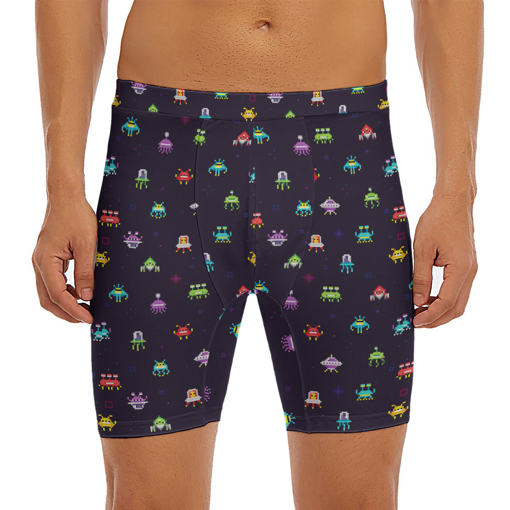Pixel UFO Aliens Pattern Print Men's Long Boxer Briefs