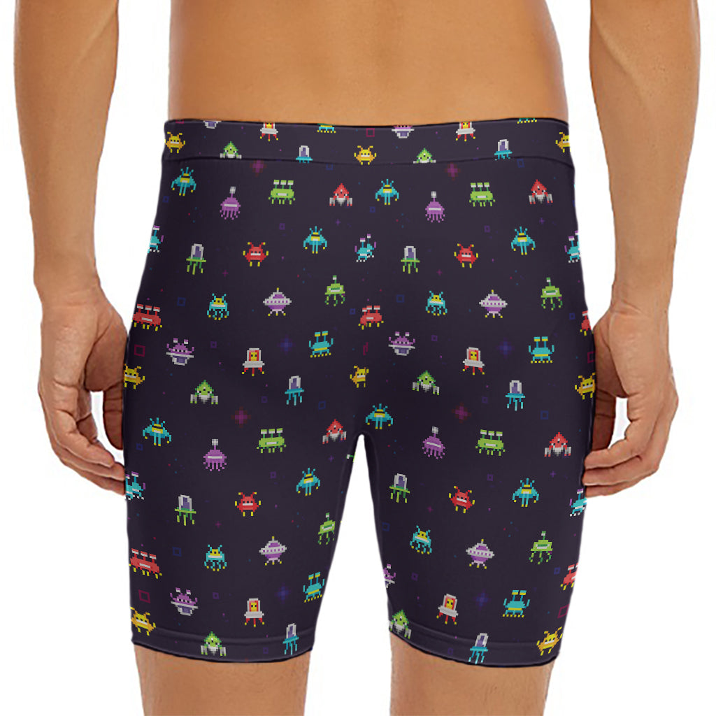 Pixel UFO Aliens Pattern Print Men's Long Boxer Briefs
