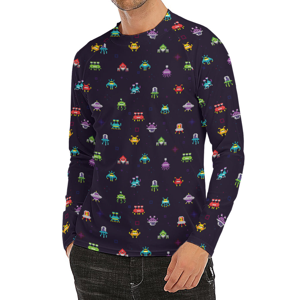 Pixel UFO Aliens Pattern Print Men's Long Sleeve Rash Guard