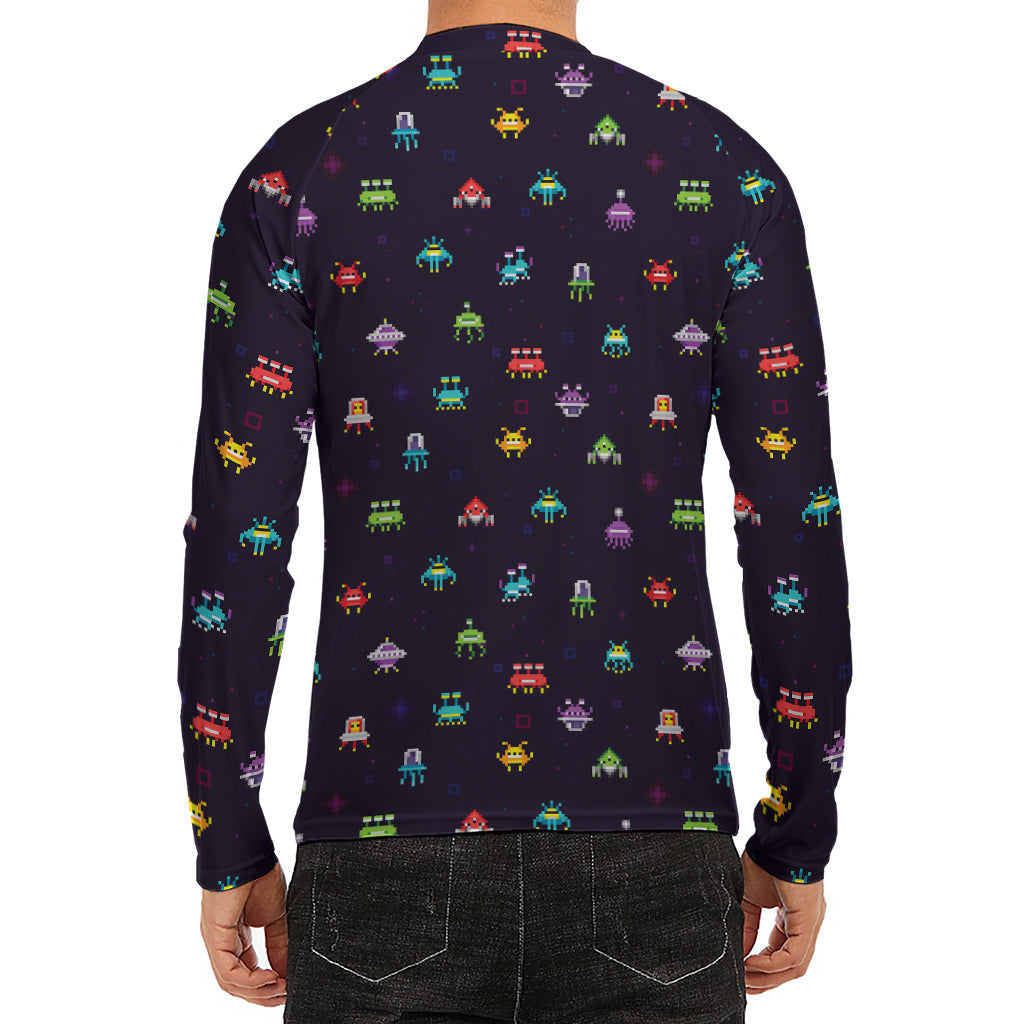 Pixel UFO Aliens Pattern Print Men's Long Sleeve Rash Guard