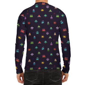 Pixel UFO Aliens Pattern Print Men's Long Sleeve Rash Guard