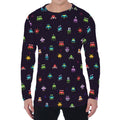 Pixel UFO Aliens Pattern Print Men's Long Sleeve T-Shirt