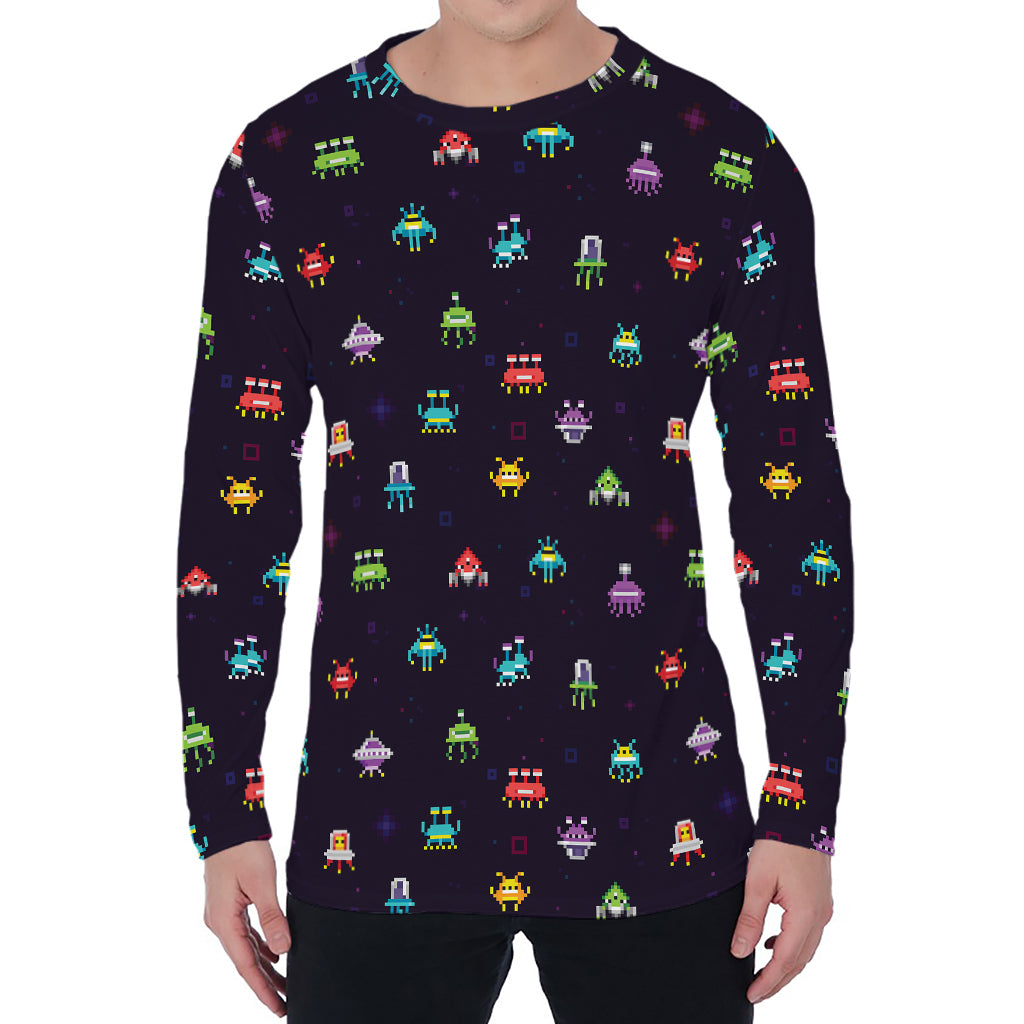 Pixel UFO Aliens Pattern Print Men's Long Sleeve T-Shirt