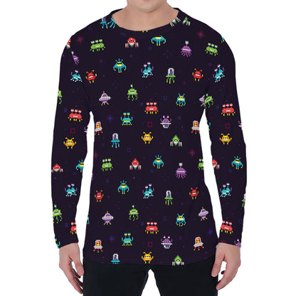 Pixel UFO Aliens Pattern Print Men's Long Sleeve T-Shirt
