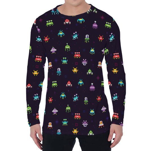 Pixel UFO Aliens Pattern Print Men's Long Sleeve T-Shirt
