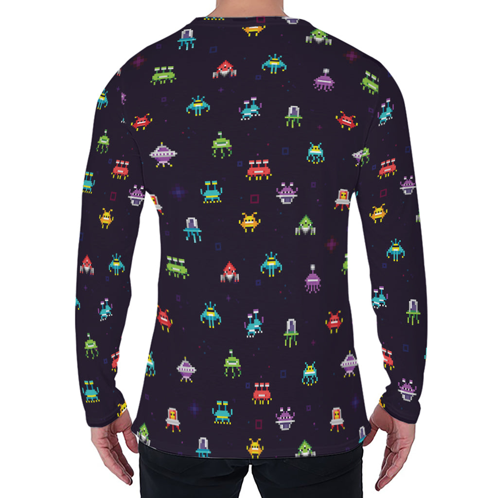 Pixel UFO Aliens Pattern Print Men's Long Sleeve T-Shirt