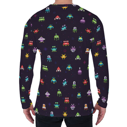Pixel UFO Aliens Pattern Print Men's Long Sleeve T-Shirt