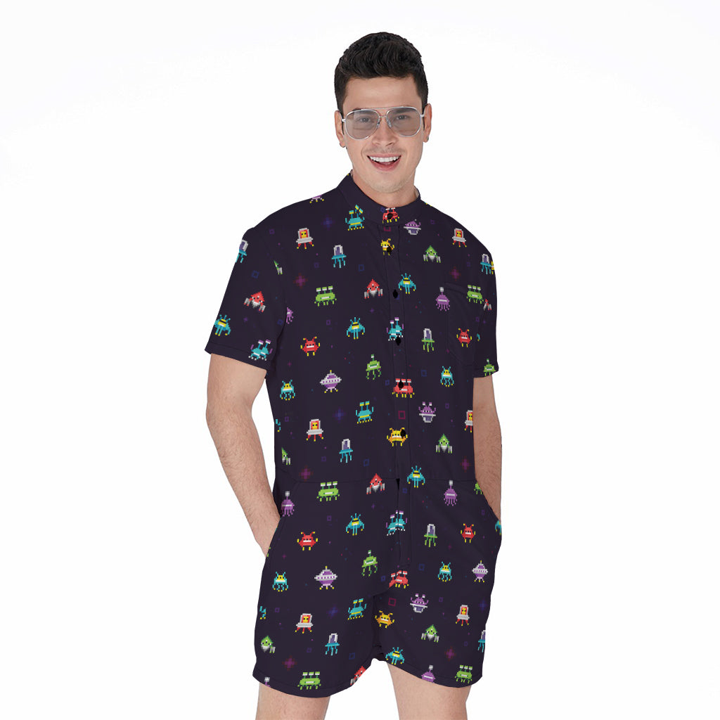 Pixel UFO Aliens Pattern Print Men's Rompers