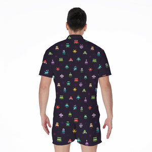 Pixel UFO Aliens Pattern Print Men's Rompers