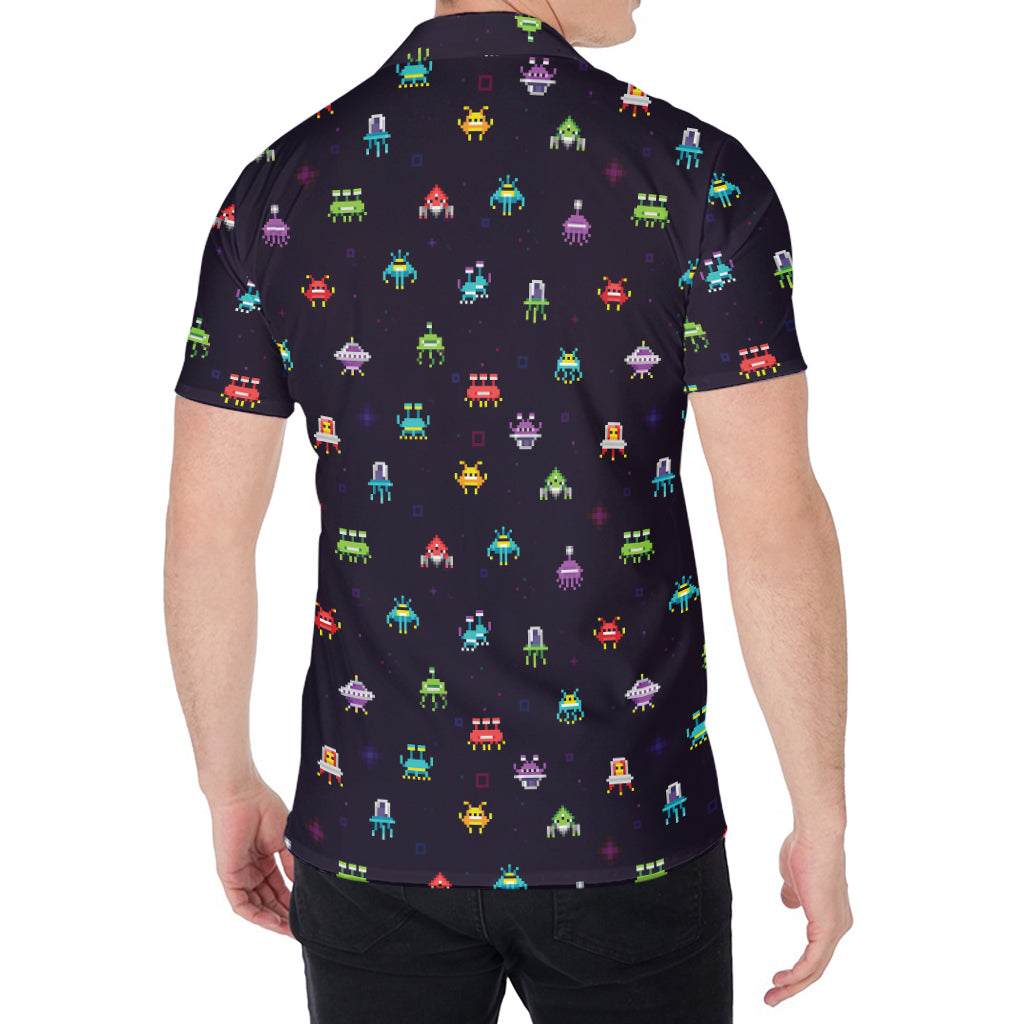 Pixel UFO Aliens Pattern Print Men's Shirt