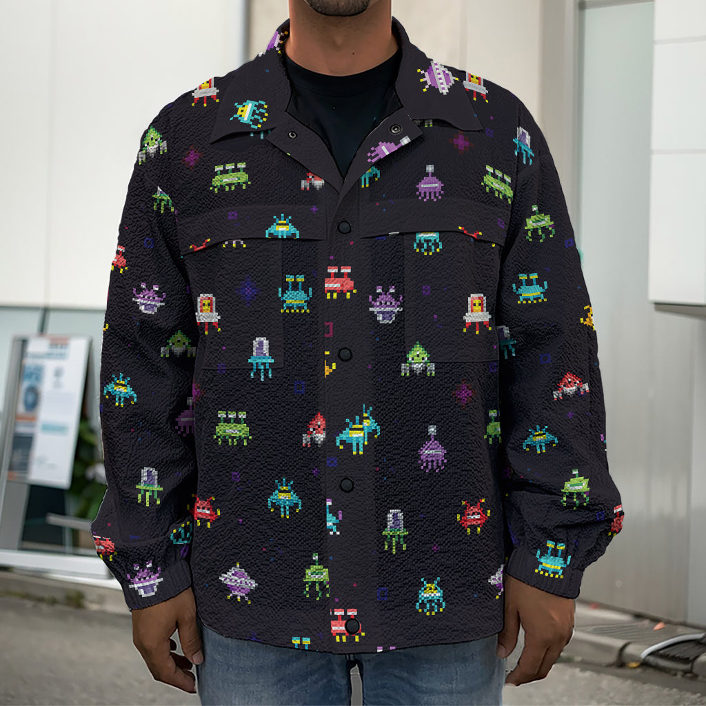 Pixel UFO Aliens Pattern Print Men's Shirt Jacket