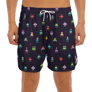 Pixel UFO Aliens Pattern Print Men's Split Running Shorts