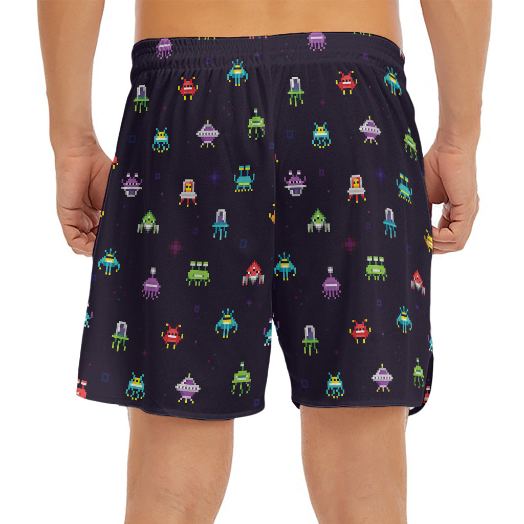 Pixel UFO Aliens Pattern Print Men's Split Running Shorts