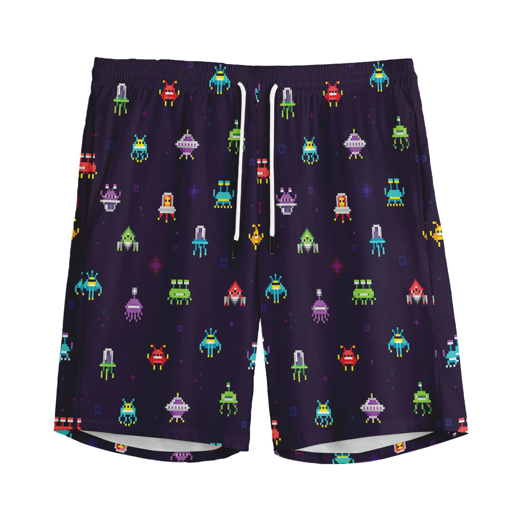 Pixel UFO Aliens Pattern Print Men's Sports Shorts