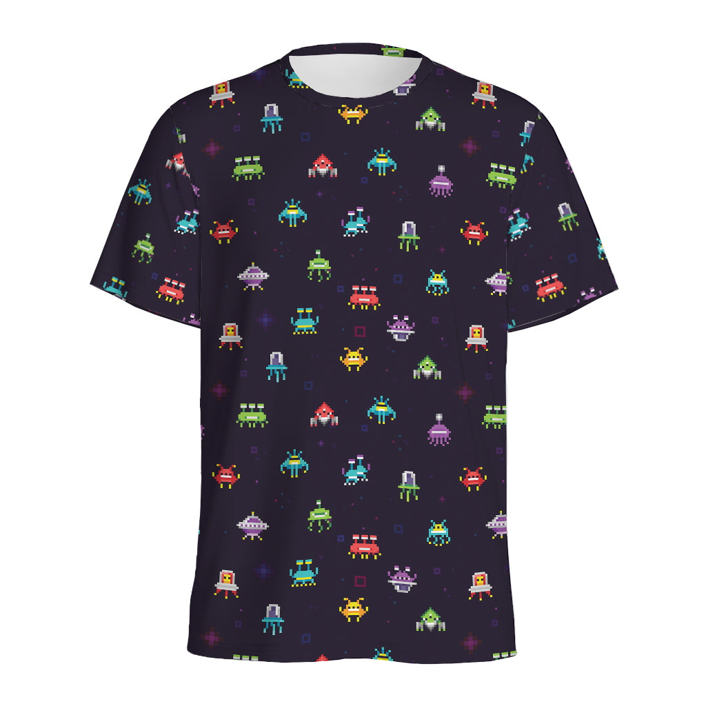 Pixel UFO Aliens Pattern Print Men's Sports T-Shirt