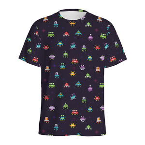 Pixel UFO Aliens Pattern Print Men's Sports T-Shirt