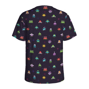 Pixel UFO Aliens Pattern Print Men's Sports T-Shirt