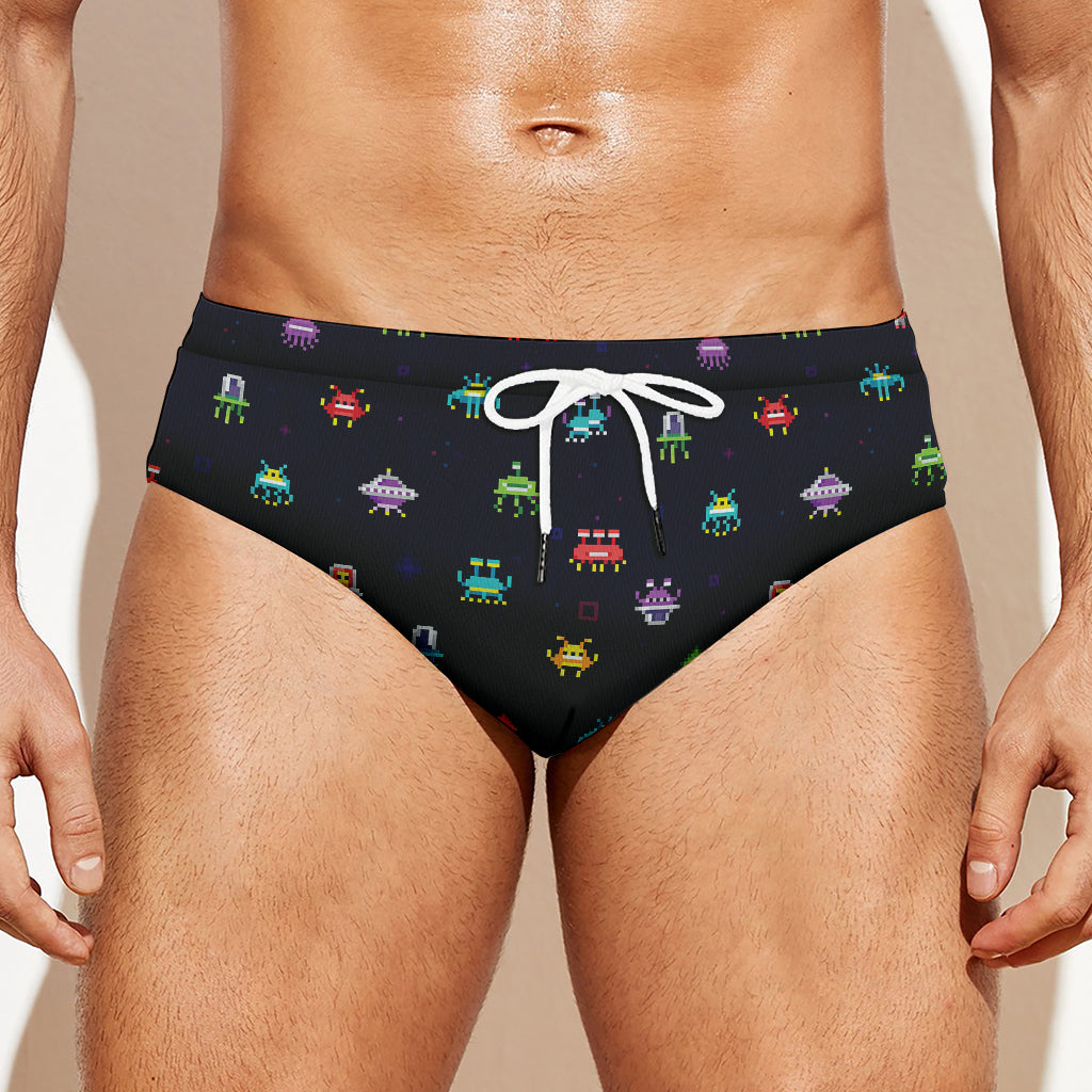 Pixel UFO Aliens Pattern Print Men's Swim Briefs