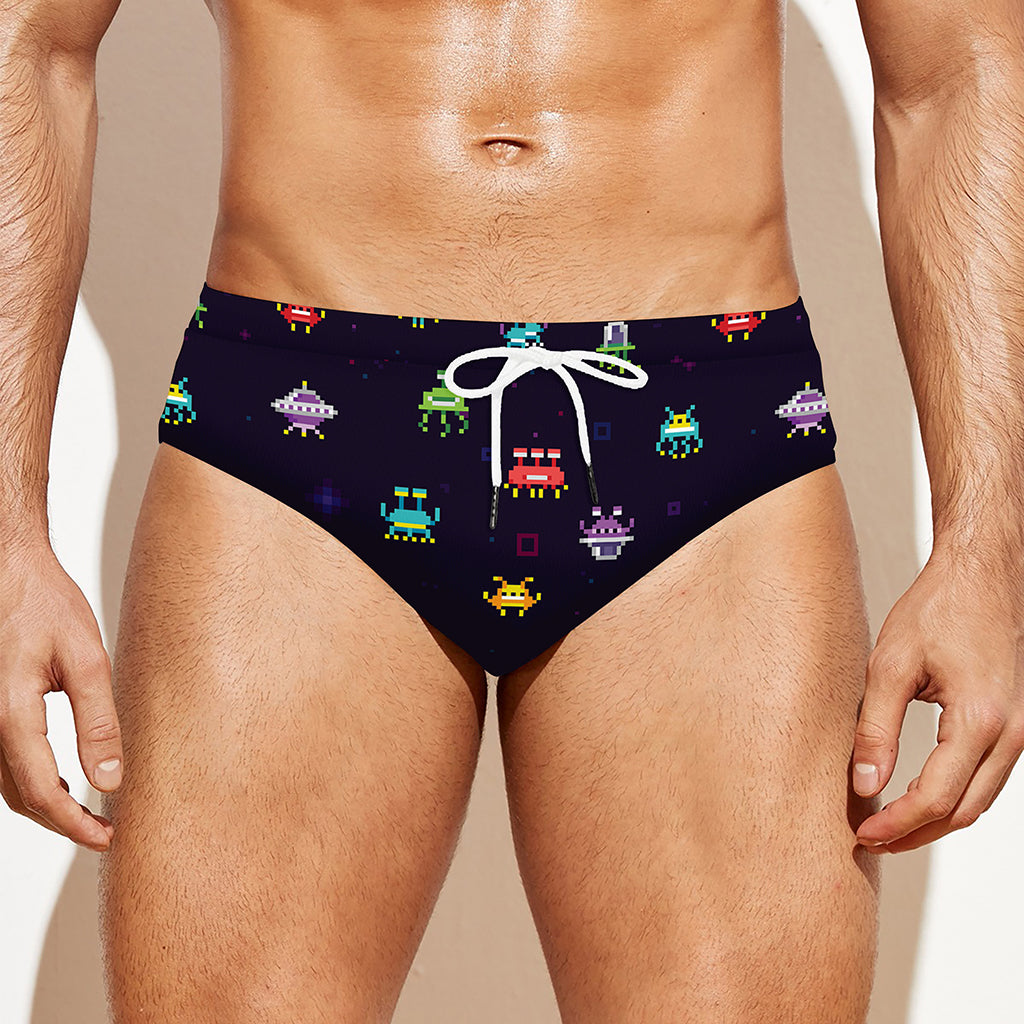 Pixel UFO Aliens Pattern Print Men's Swim Briefs