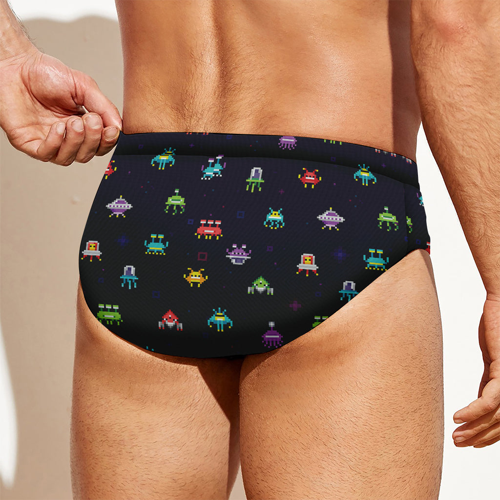 Pixel UFO Aliens Pattern Print Men's Swim Briefs