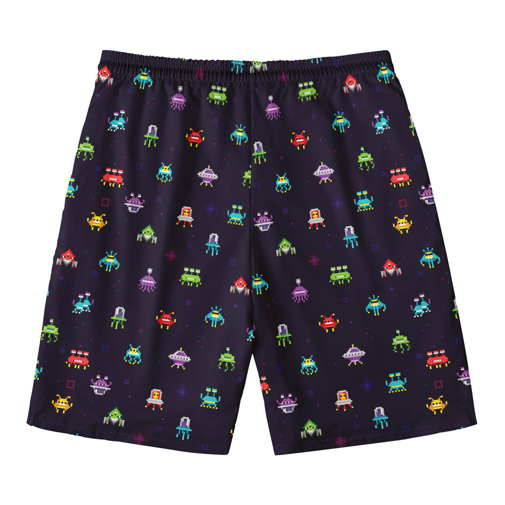 Pixel UFO Aliens Pattern Print Men's Swim Trunks