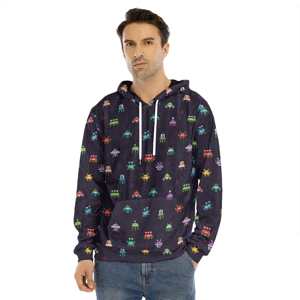 Pixel UFO Aliens Pattern Print Men's Velvet Pullover Hoodie