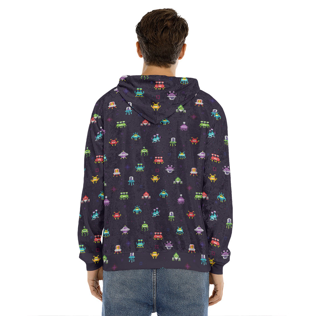 Pixel UFO Aliens Pattern Print Men's Velvet Pullover Hoodie