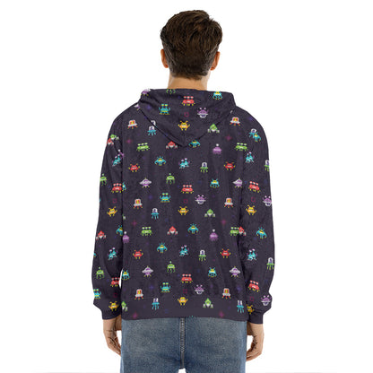 Pixel UFO Aliens Pattern Print Men's Velvet Pullover Hoodie